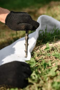 The worker pierces and fixes the geotextile with a plastic peg for agrofabric with a gloved hand.