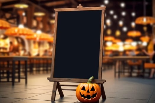 Empty blackboard sign Halloween mockup in front of a restaurant , Menu board .Generative Ai.