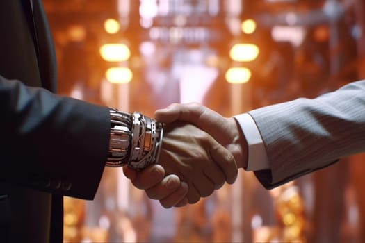 Robot and businessman hands in handshake. Generative AI.