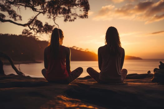 Person practicing yoga on beach during sunset, promoting mental health, self-care, and connection to nature. Generative AI.