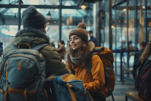 A group travelers, wearing backpack on the airport. Generative AI.