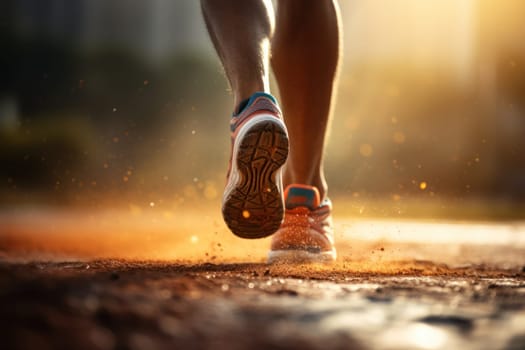 person feet with running shoe on a sport race track, Generative AI.