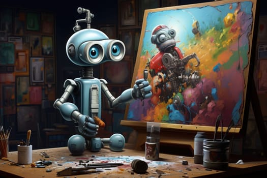 Concept of generative AI art technology, robot painting picture in studio. comeliness