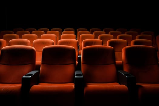 Empty orange seats in cinema, domestic intimacy, zoom in, up close. Neural network generated in January 2024. Not based on any actual scene or pattern.