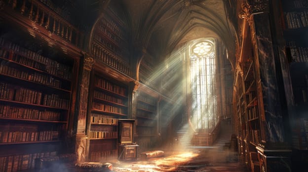 An ancient library filled with magical books, glowing orbs, and mystical artifacts. Shelves reach up to a high, vaulted ceiling, with soft light filtering through stained glass windows. Resplendent.