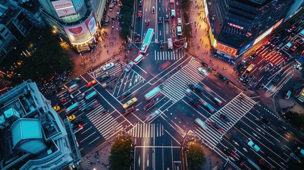 Overhead shot of a bustling city crosswalk with yellow taxis and pedestrians, capturing the vibrant urban life during rush hour. Resplendent.