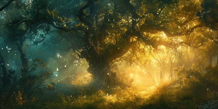A magical forest at twilight, ethereal light filtering through trees, fairies dancing around an ancient oak. Resplendent.