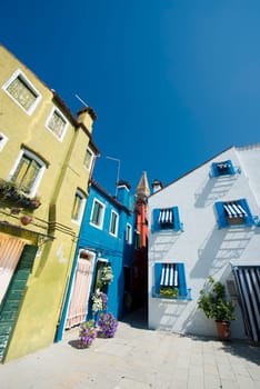 colorful houses of Burano Venice on sunny day