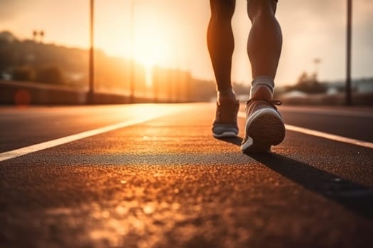 person feet with running shoe on a sport race track, Generative AI.