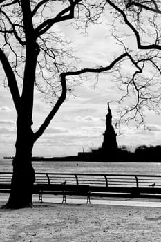 New York statue of liberty black and white vertical isolated silhouette