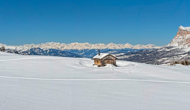 Dolomites huge panorama view in winter snow time