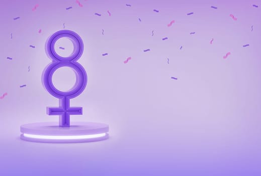 Podium with the number 8 and woman symbol with confetti. Background of celebration 8 March, international women's day.