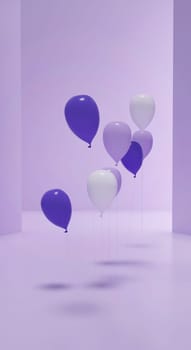 Stage for product presentation or celebration. Purple stage for presentation with helium balloons. 3D rendering.