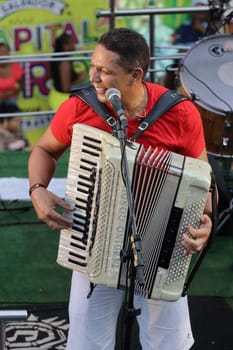 salvador, bahia, brazil - february 10, 2024: singer Targino Gondim, a Brazilian musician, is seen during a performance at the carnival in the city of Salvador.

