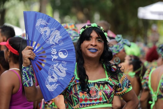 salvador, bahia, brazil - february 10, 2024: members of the As Muquiranas block are seen during the caranval in the city of Salvador.