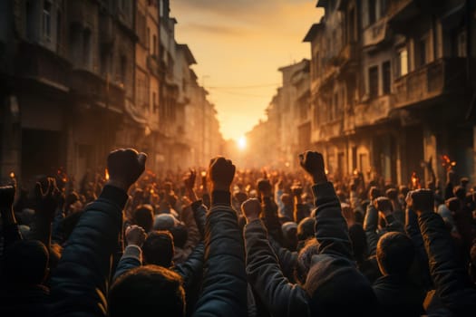 Group of people raising their hands in the air with their fists raised. Generative AI..