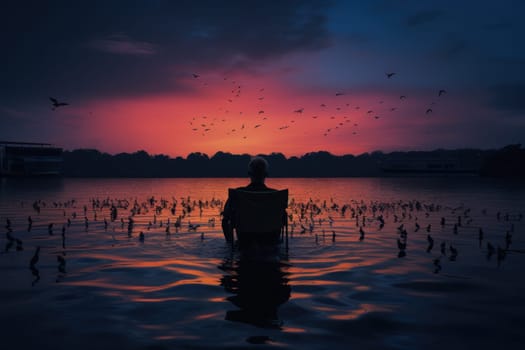 a man sitting on a chair in front of a body of water. Generative AI.