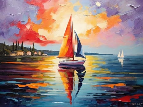 AI generated sailboat painting in early evening sunset. Fauvism style