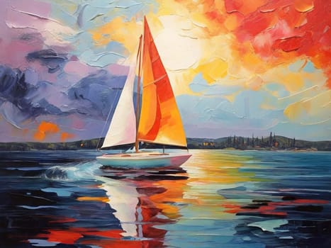 AI generated sailboat painting in early evening sunset. Fauvism style