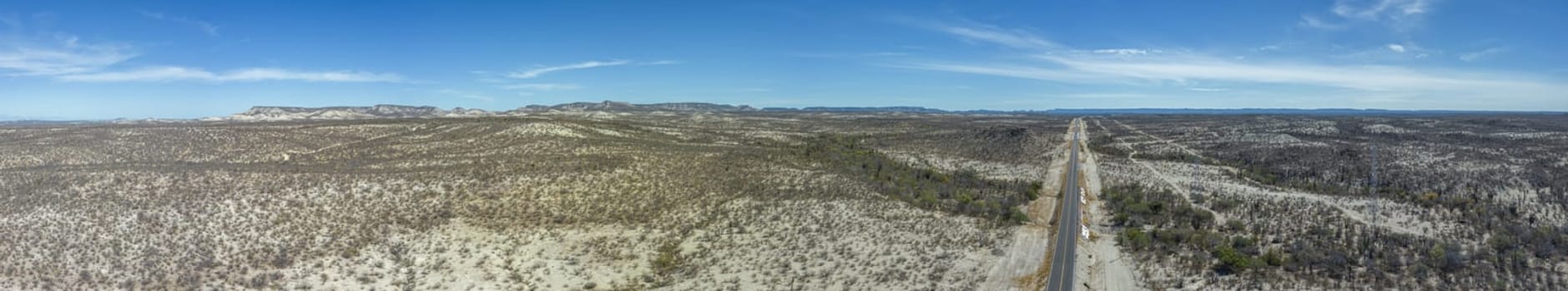 Drone Aerial view of Sierra Guadalupe Transpeninsular 1 highway in Baja California Sur, Mexico.