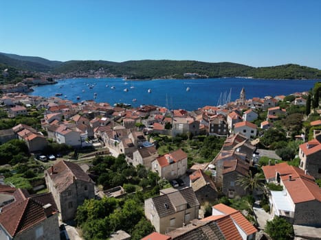 Vis Island, in Italian Lissa, island of Croatia in the Adriatic Sea. It is the outermost major island of the Dalmatian archipelago panoramic aerial view landscape