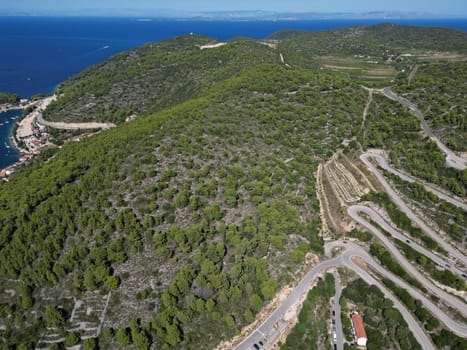 Vis Island, in Italian Lissa, island of Croatia in the Adriatic Sea. It is the outermost major island of the Dalmatian archipelago panoramic aerial view landscape