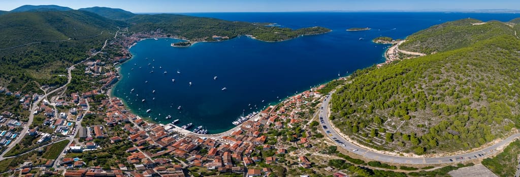 Vis Island, in Italian Lissa, island of Croatia in the Adriatic Sea. It is the outermost major island of the Dalmatian archipelago panoramic aerial view landscape