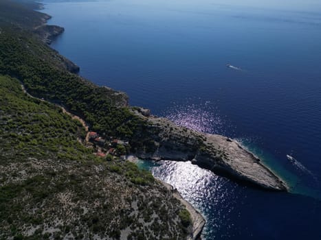 Vis Island, in Italian Lissa, island of Croatia in the Adriatic Sea. It is the outermost major island of the Dalmatian archipelago panoramic aerial view landscape