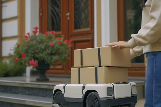 Woman sending or receiving cardboard boxes delivery from automated robotic carriage. Neural network generated in January 2024. Not based on any actual scene or pattern.