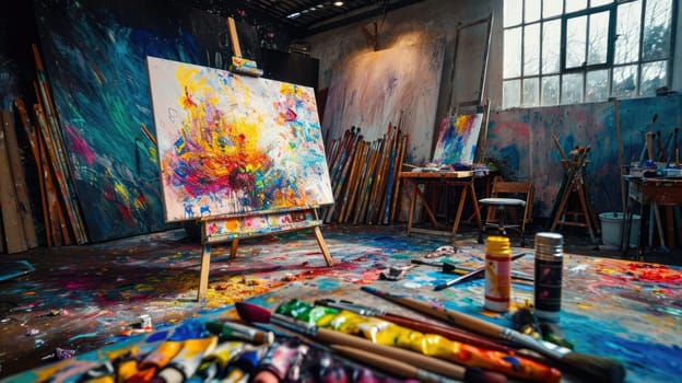 An artist's studio in full creative chaos, paint splattered everywhere, canvases in various stages of completion, vibrant colors clashing and blending. Resplendent.