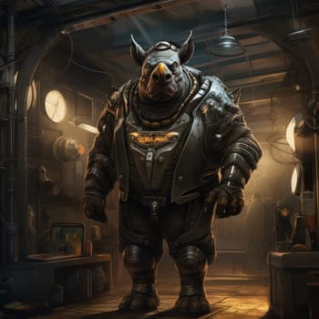 Rhino standing inside a room with industrial equipment, in the style of intricate steampunk