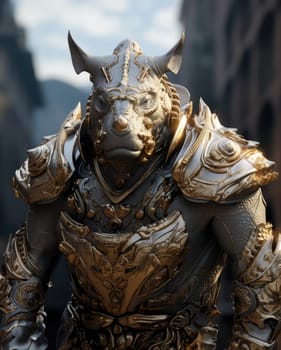 Male rhino wearing armor in the style of intricate steampunk