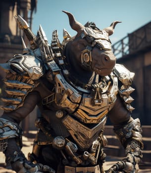 Male rhino wearing armor in the style of intricate steampunk