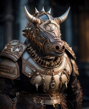 Male rhino wearing armor in the style of intricate steampunk