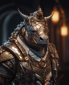 Male rhino wearing armor in the style of intricate steampunk