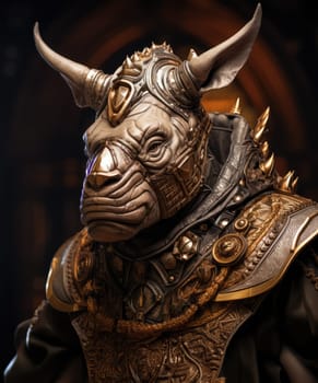 Male rhino wearing armor in the style of intricate steampunk