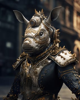 Male rhino wearing armor in the style of intricate steampunk