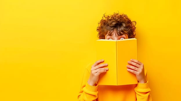 The young man is using the yellow book to cover his face, revealing only his eye and a hint of his smile. His hand gesture shows he is happy and relaxed
