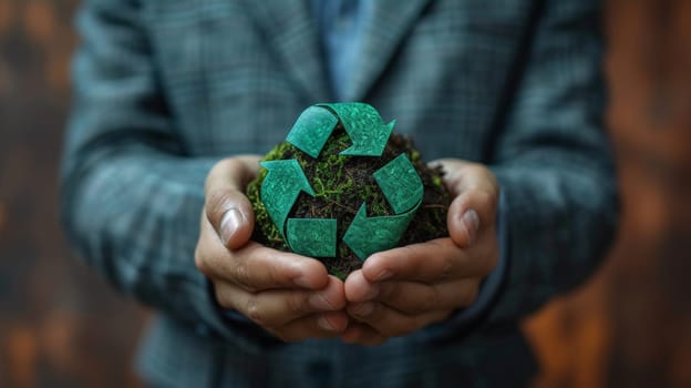 An icon of the circular economy holds a businessman holding the circular economy concept for future growth and environmental sustainability.