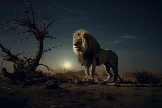 A powerful male lion stands regally under a twilight sky in a desolate desert landscape, evoking a sense of wilderness.