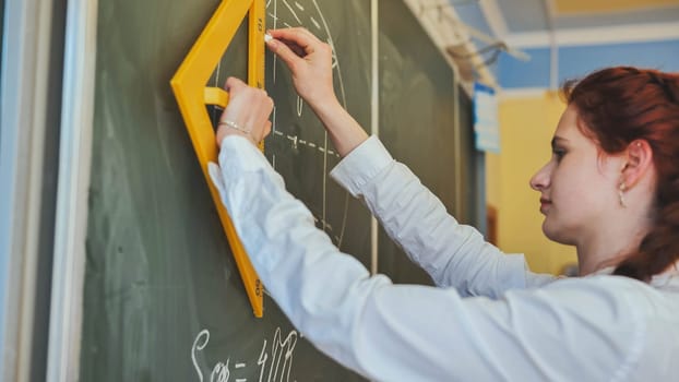 A red-haired schoolgirl draws geometric shapes on the blackboard