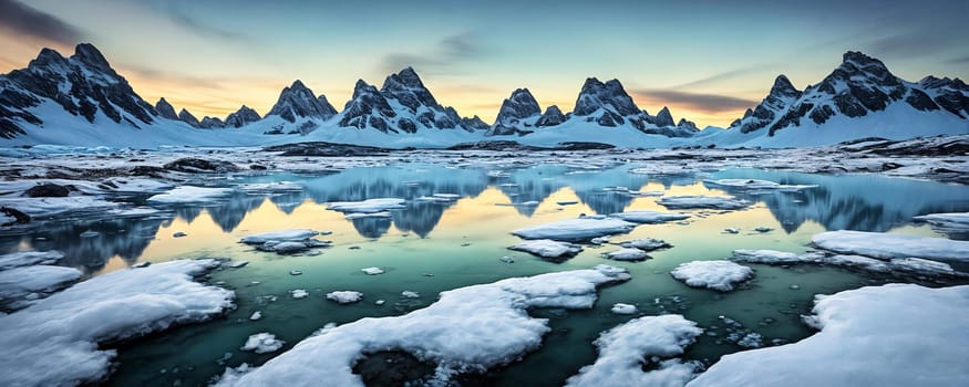 Frozen tundra planet, frigid, icy world with towering glaciers, snow-covered mountains, and icy rivers. Panorama, Generative AI
