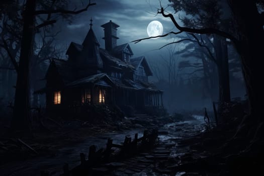 Eerie night scene of a haunted Victorian house surrounded by sinister trees under a gloomy sky.