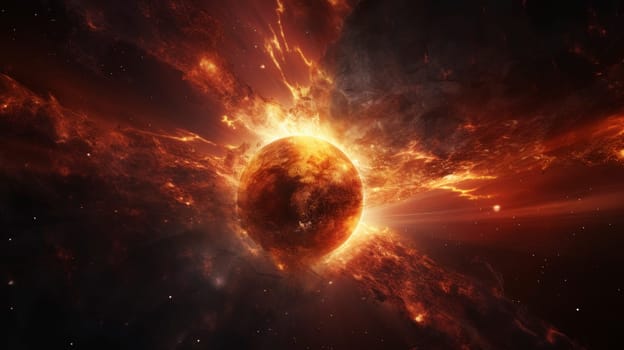 Vivid image depicting a massive solar flare erupting from the sun's surface, set against the dark expanse of space.