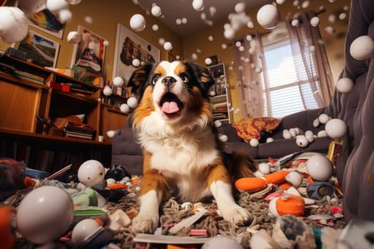 Dog with a surprised expression surrounded by shredded paper in a messy room.
