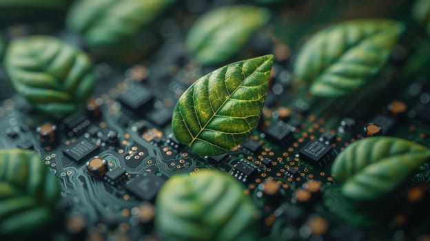Green Leaf inside a PCB. Growth. Business, Technology, and Environmental Growth Together. Sustainable Resources.
