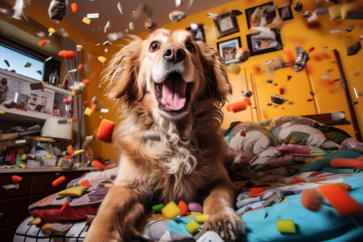 Excited golden retriever playing with colorful toys. Indoor wide-angle pet action shot. Joyful dog concept for design and poster