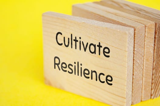 Closeup of wooden cubes with text, Cultivate Resilience. Promoting best practice concept.