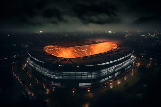 Illuminated stadium at night with urban background. Sports and events concept with a modern architectural design