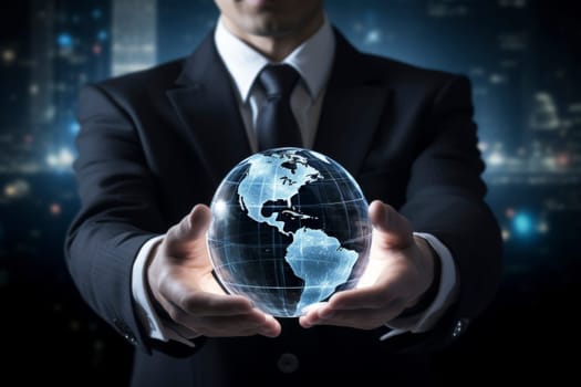 A professional man in a suit presenting a digital world globe against a futuristic city background.
